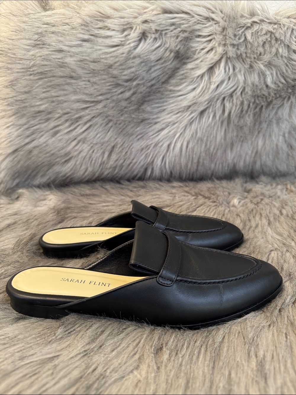 Sarah Flint Black Leather Backless Loafer Mules Size 37.5
